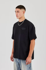 Oversized Embroidered Text T-Shirt - Black