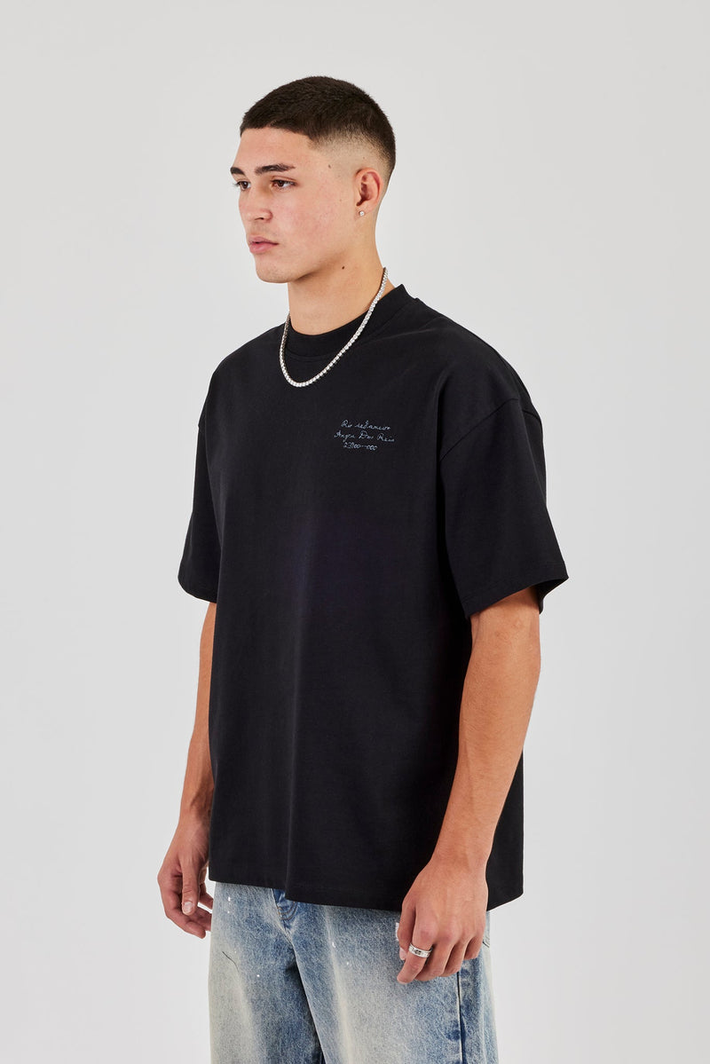 Oversized Embroidered Text T-Shirt - Black
