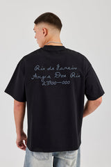Oversized Embroidered Text T-Shirt - Black