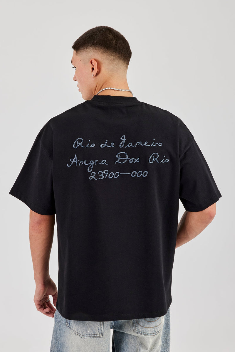 Oversized Embroidered Text T-Shirt - Black