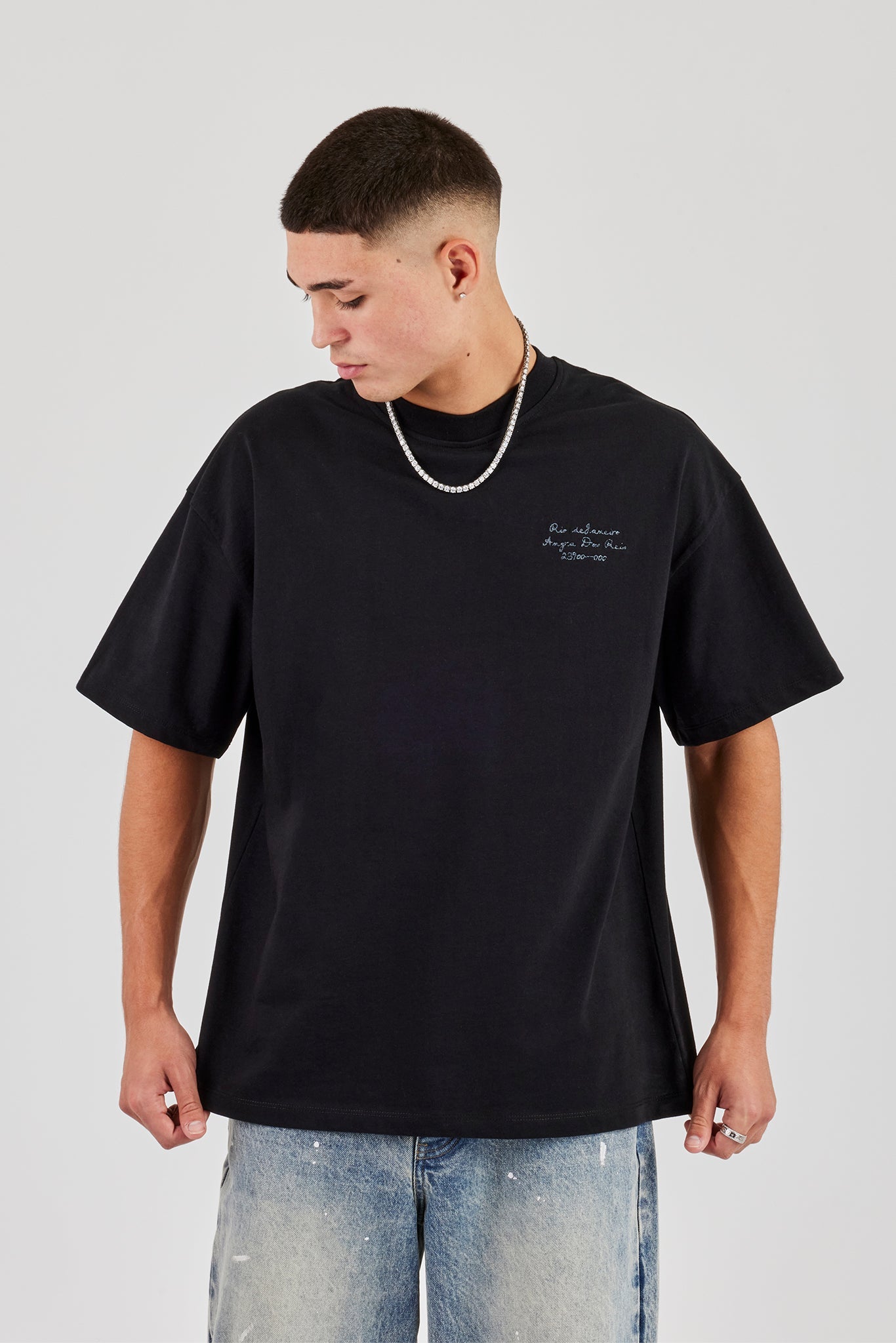 Oversized Embroidered Text T-Shirt - Black