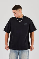 Oversized Embroidered Text T-Shirt - Black