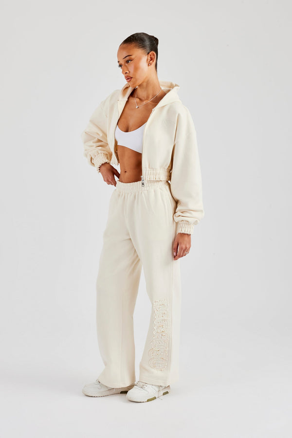 Distressed Applique Cropped Tracksuit - Butter Yellow