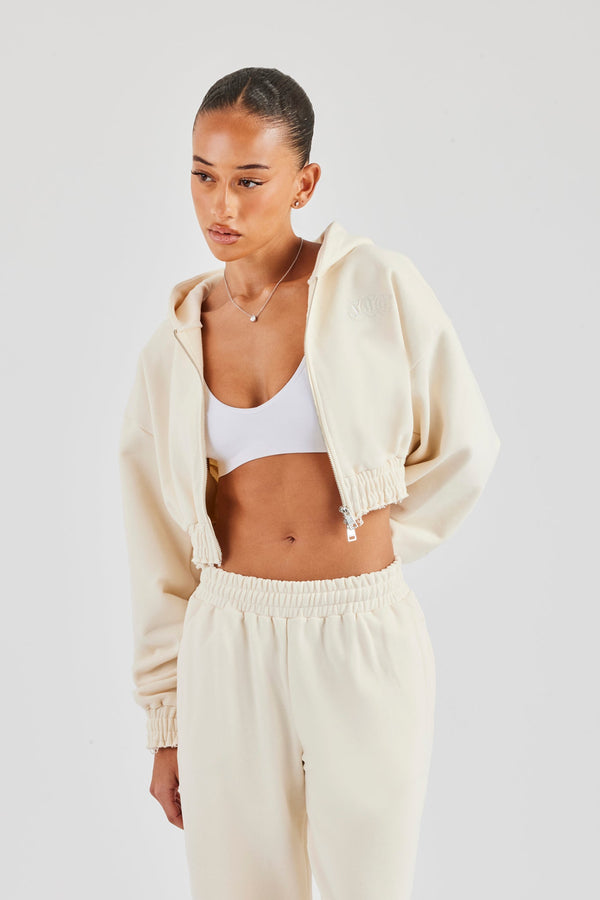 Distressed Applique Cropped Hoodie - Butter Yellow