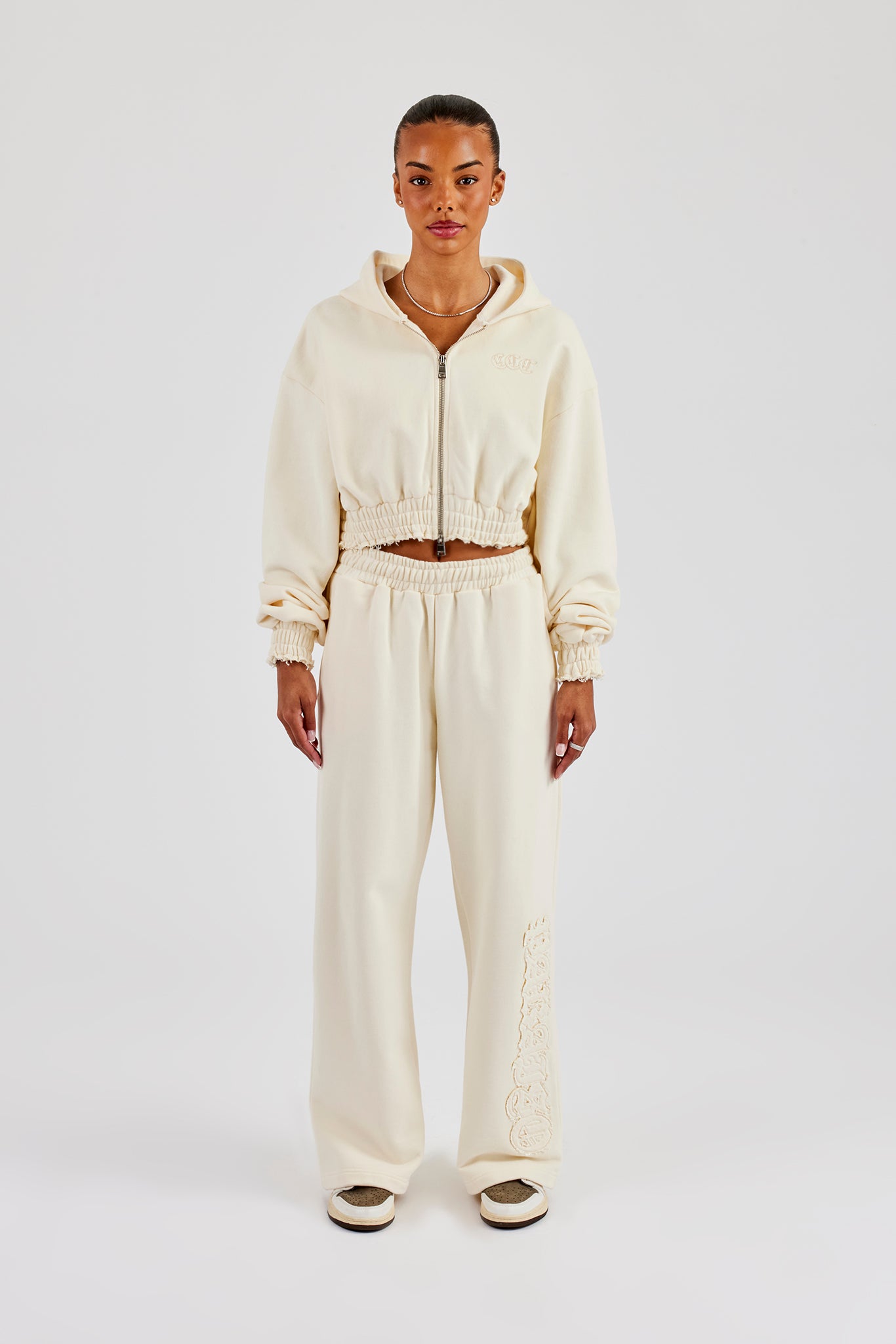 Distressed Applique Cropped Tracksuit - Butter Yellow | Womens