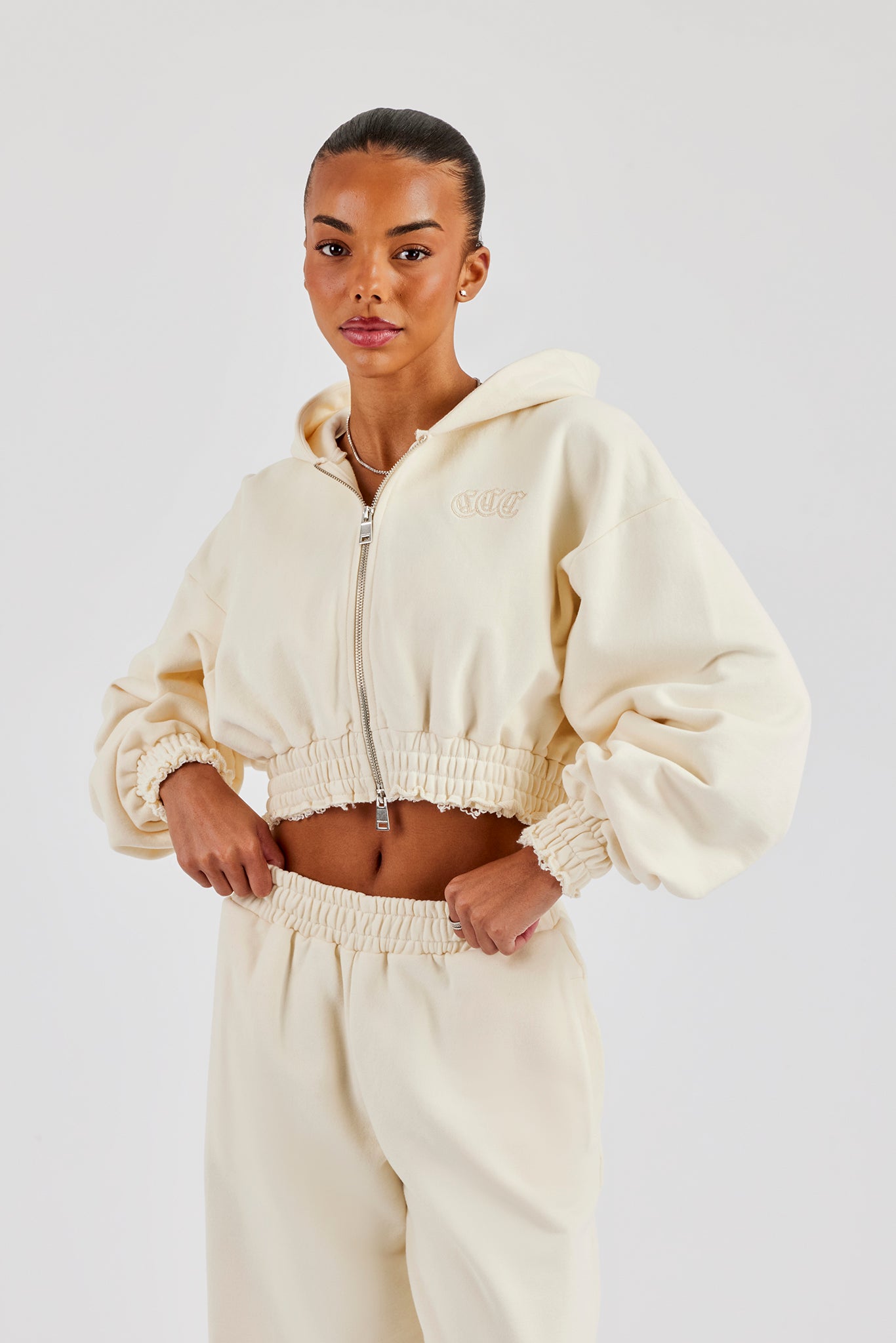 Distressed Applique Cropped Hoodie - Butter Yellow