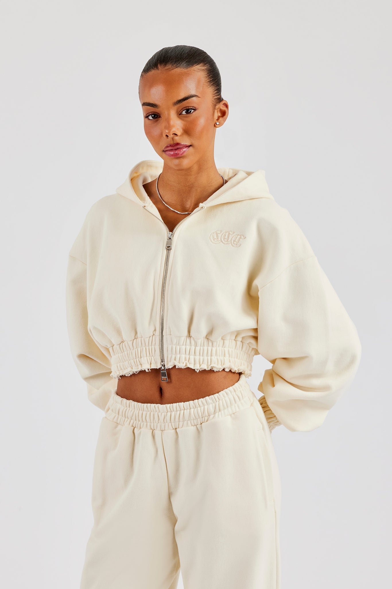 Distressed Applique Cropped Hoodie - Butter Yellow