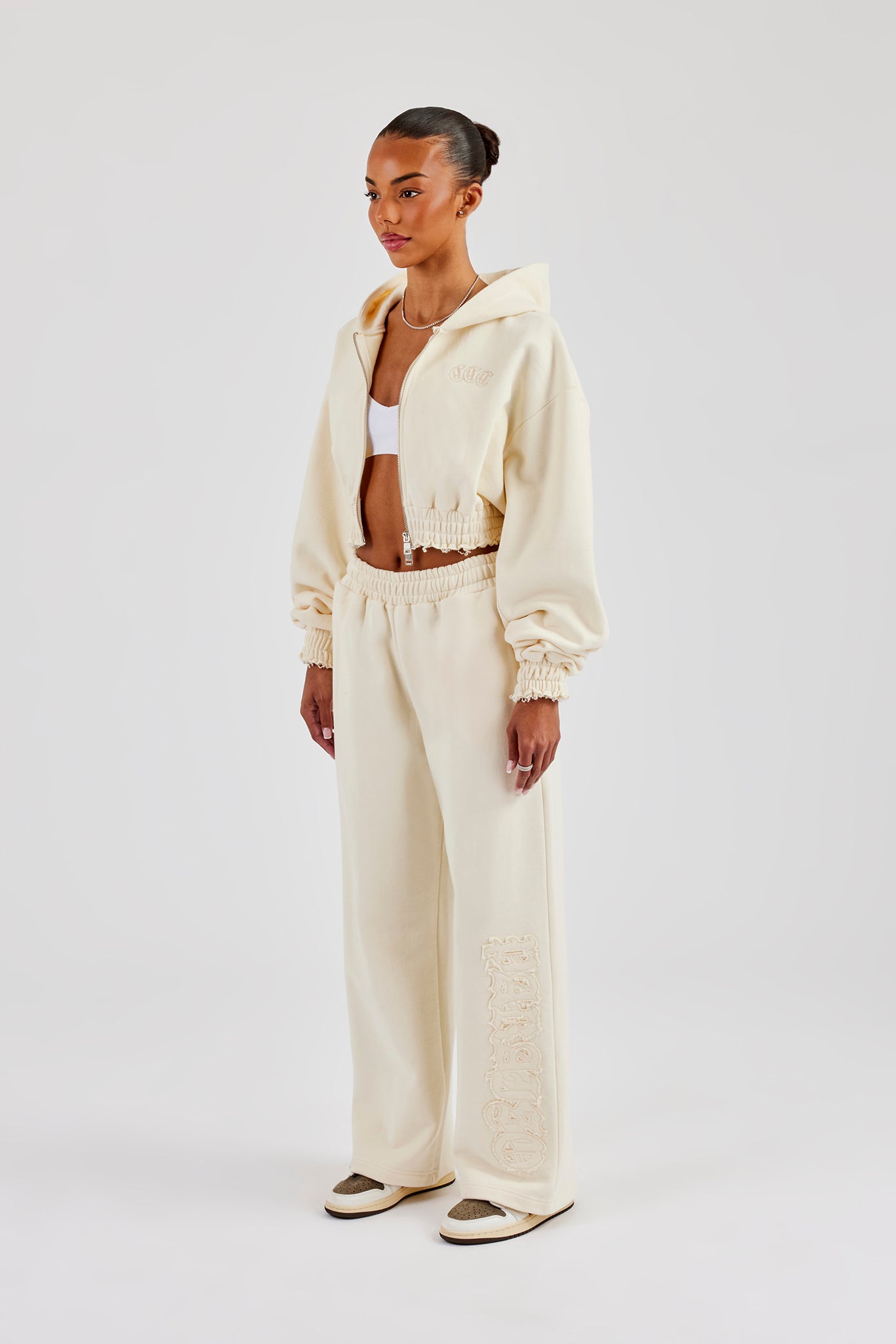 Distressed Applique Cropped Tracksuit - Butter Yellow | Womens