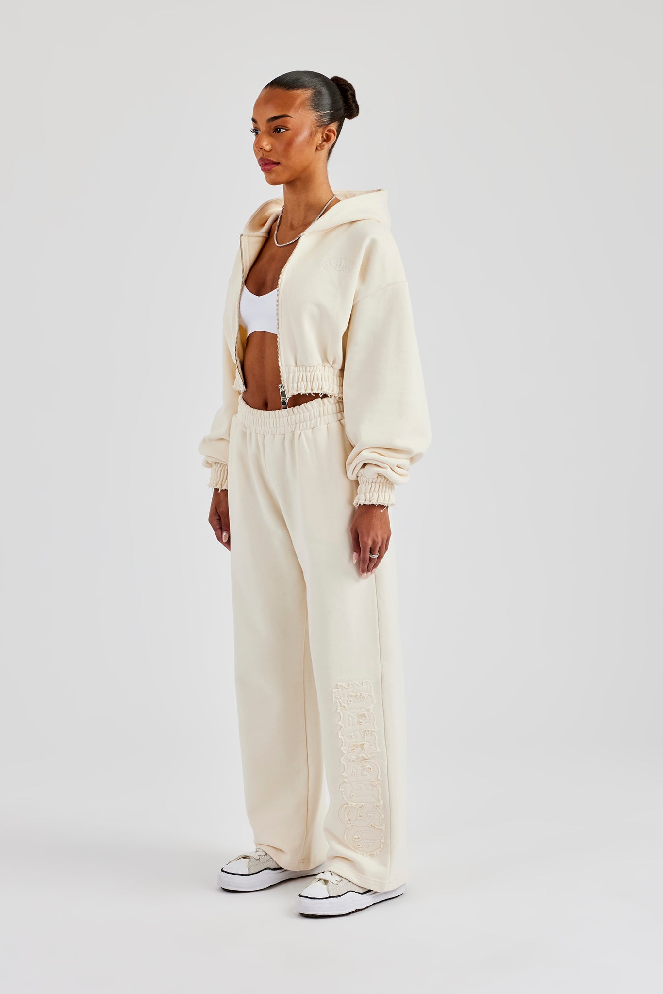 Distressed Applique Wide Leg Jogger - Butter Yellow