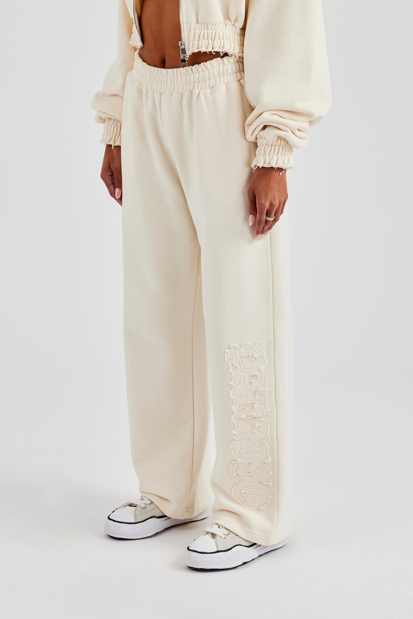 Distressed Applique Wide Leg Jogger - Butter Yellow