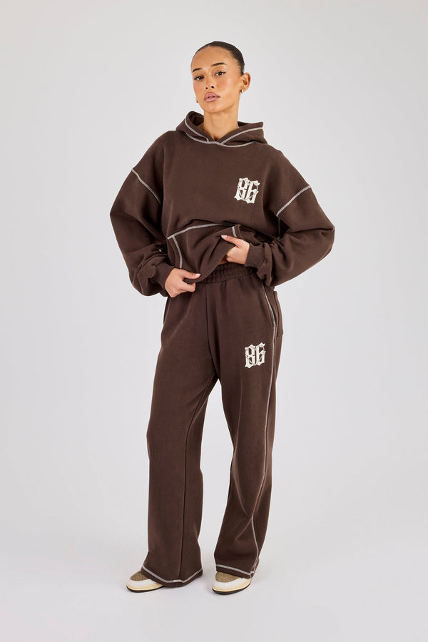 Distressed 86 Oversized Hoodie & Wide Leg Jogger - Chocolate