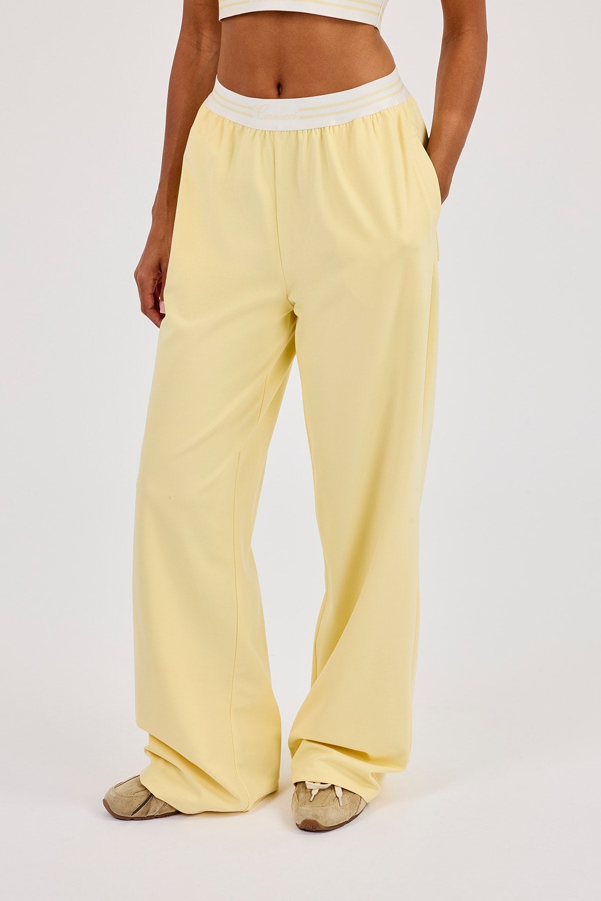 Intarsia Waistband Wide Leg Trouser - Butter Yellow
