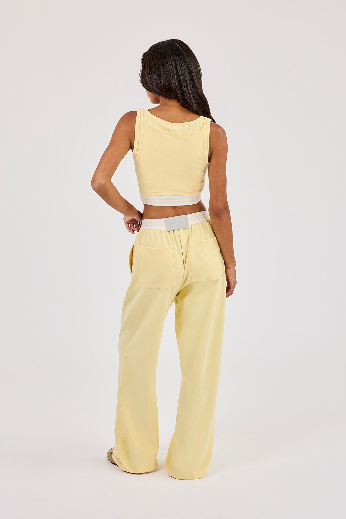 Double Layer Crop Top & Intarsia Waistband Wide Leg Trouser - Butter Yellow