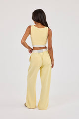 Double Layer Crop Top & Intarsia Waistband Wide Leg Trouser - Butter Yellow