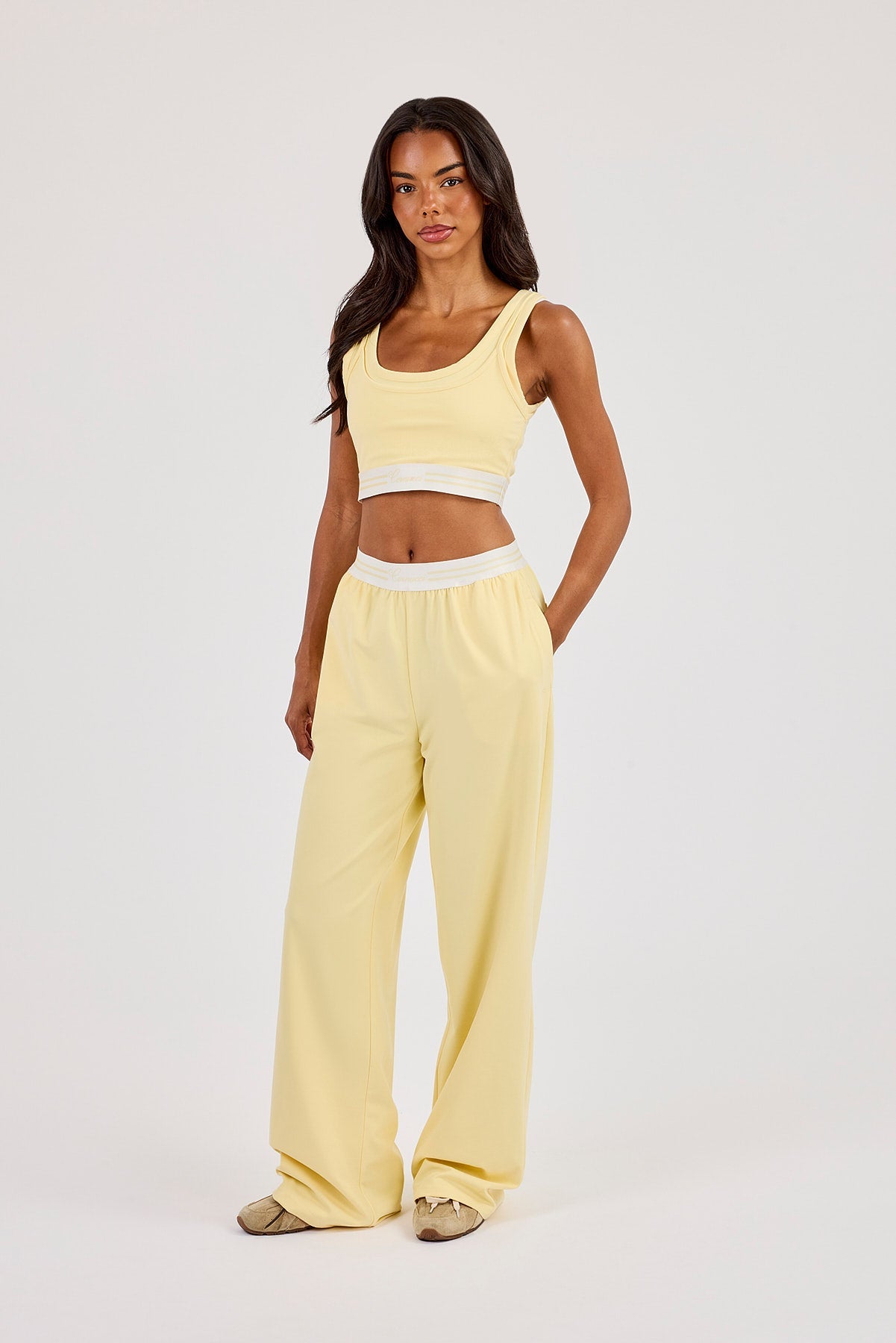 Double Layer Crop Top & Intarsia Waistband Wide Leg Trouser - Butter Yellow