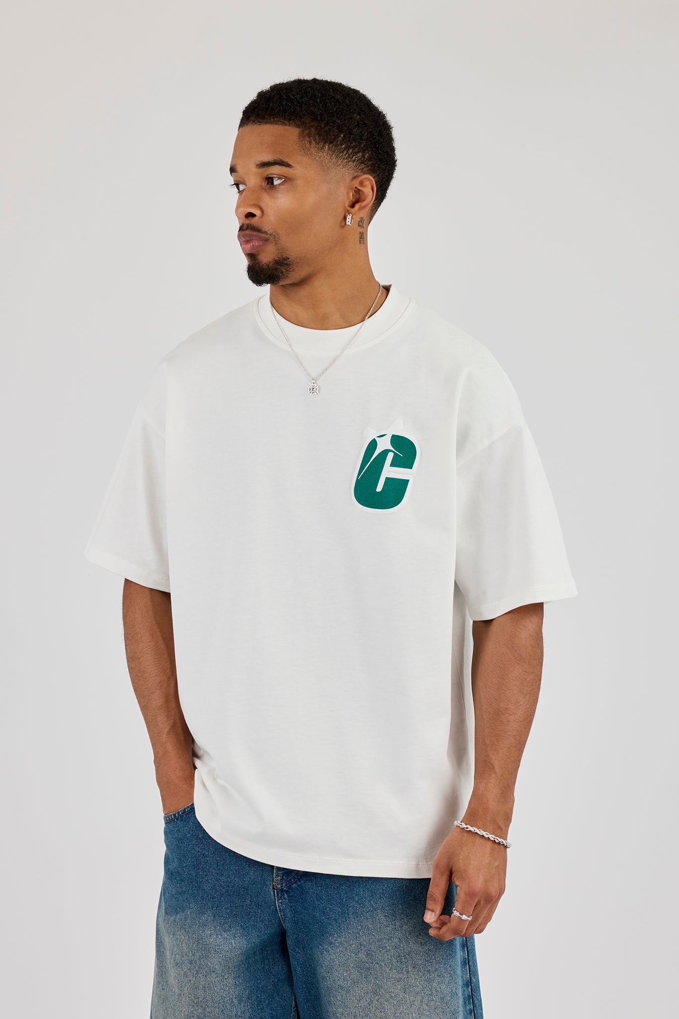 Oversized Layered Sticker Print T-Shirt - Off White