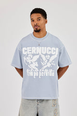 Washed Oversized Cherub Print T-Shirt - Blue