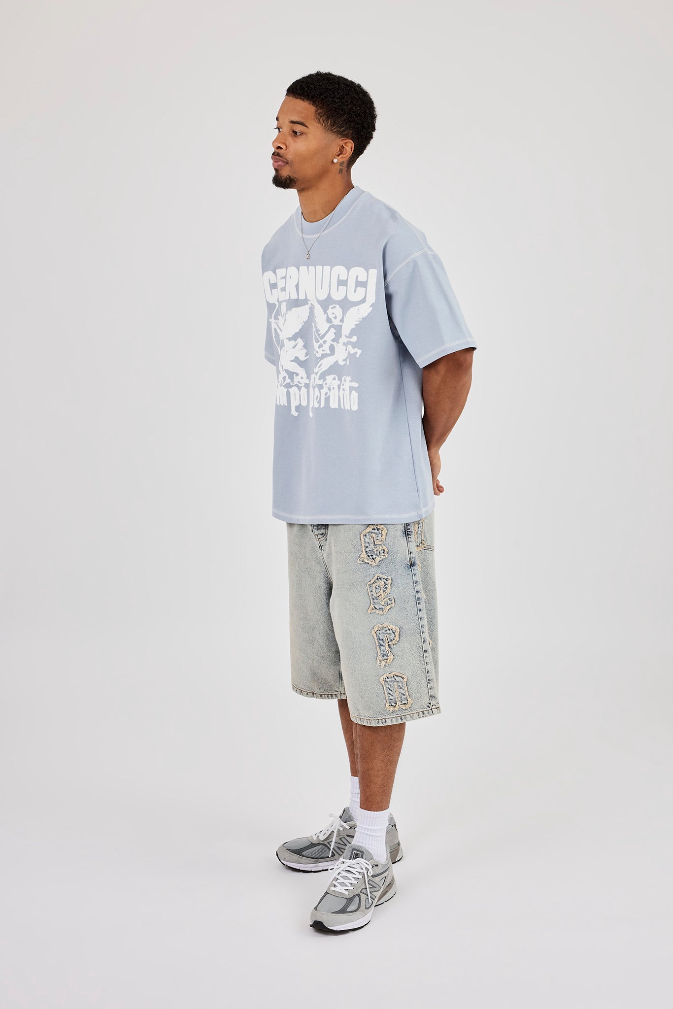 Washed Oversized Cherub Print T-Shirt - Blue