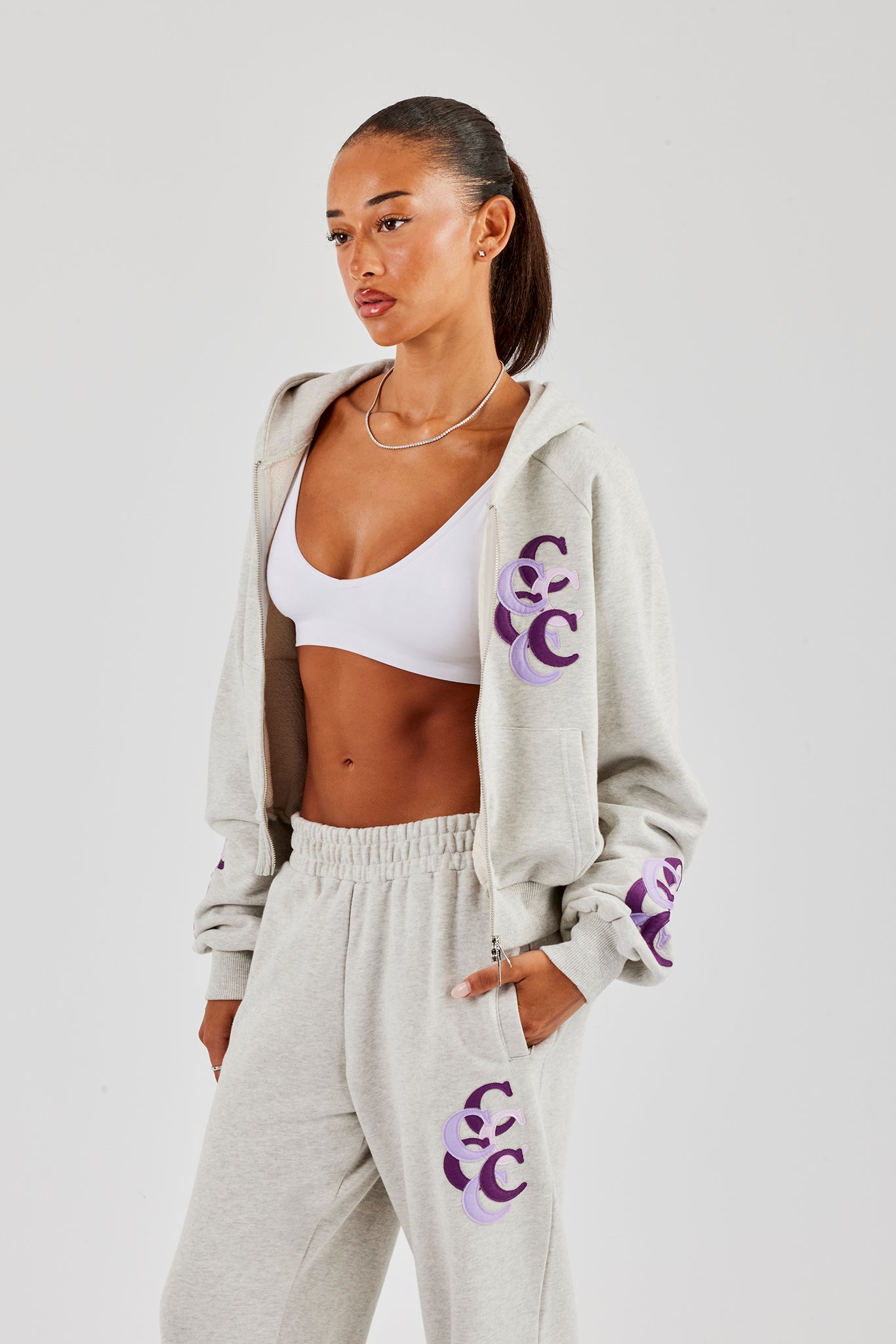 Cropped Layered Applique Zip Hoodie - Ash Grey
