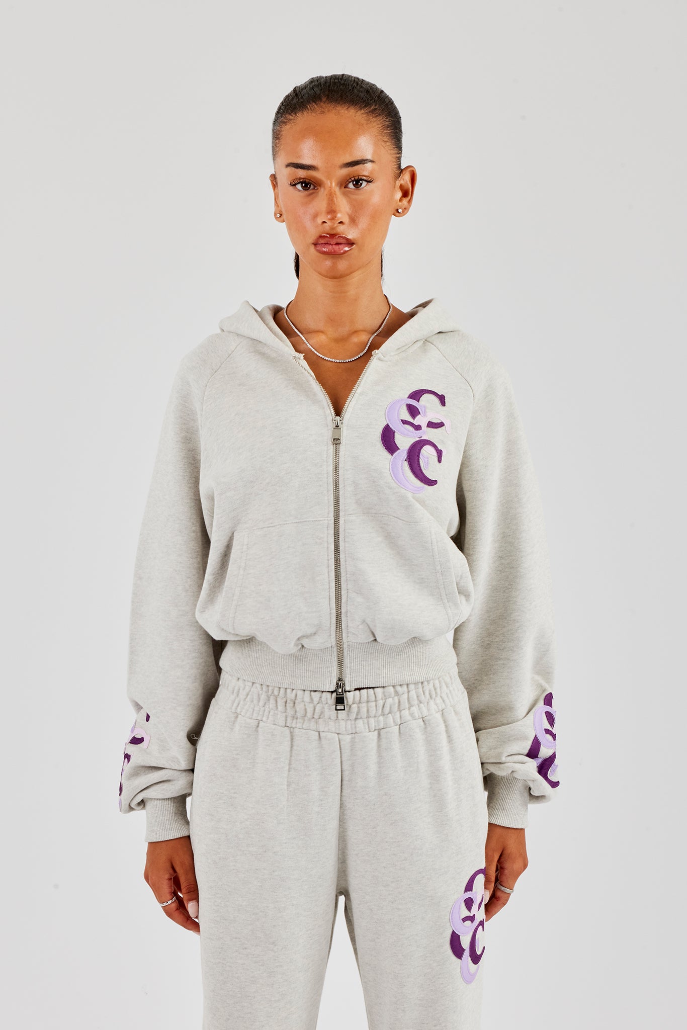 Cropped Layered Applique Zip Hoodie - Ash Grey