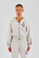 Cropped Layered Applique Zip Hoodie - Ash Grey