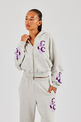 Cropped Layered Applique Zip Hoodie - Ash Grey