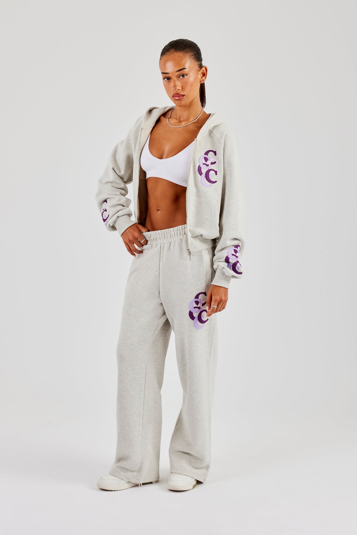 Cropped Layered Applique Zip Hoodie - Ash Grey