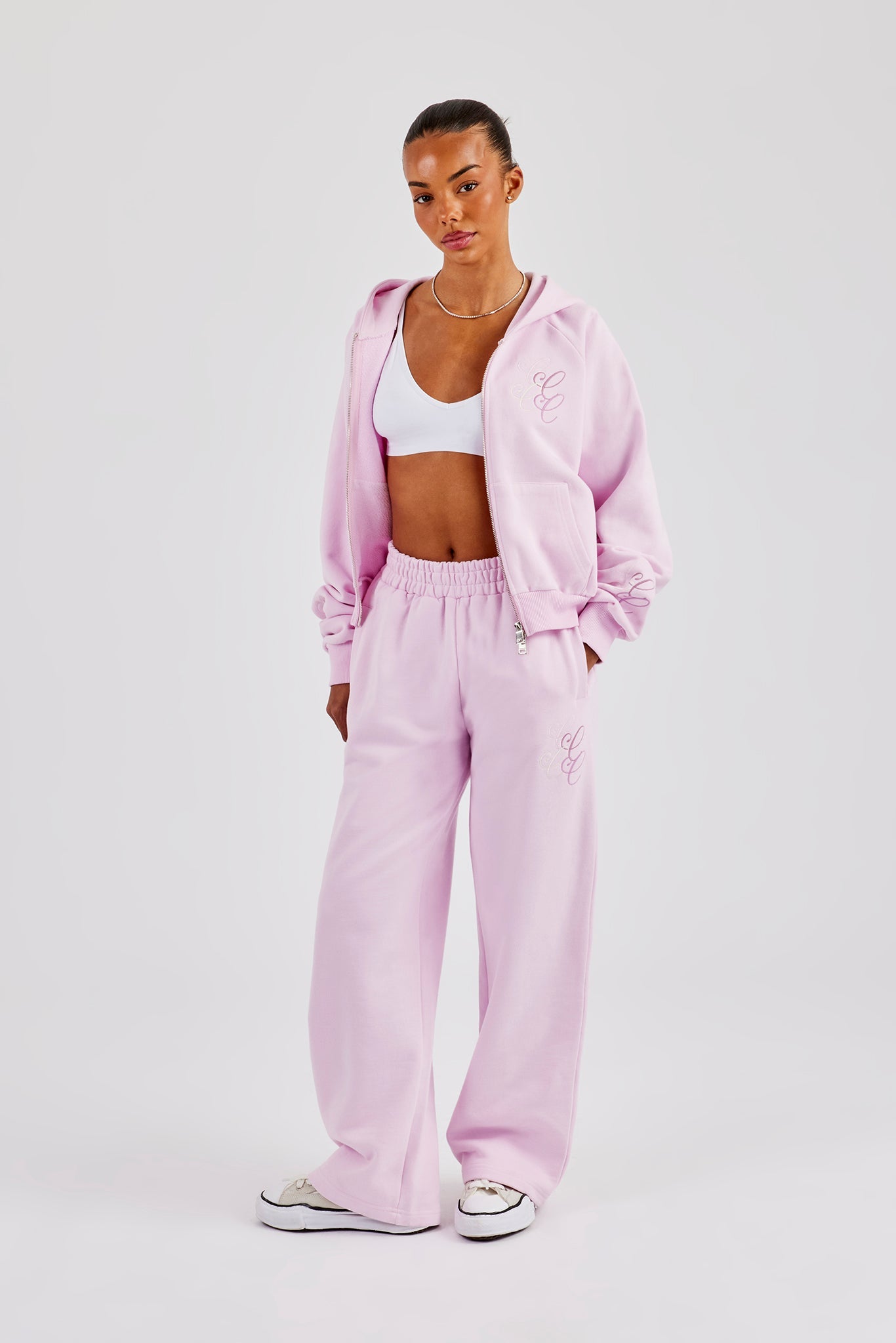 Embroidered Applique Boxy Zip Through Hoodie & Wide Leg Jogger - Pink