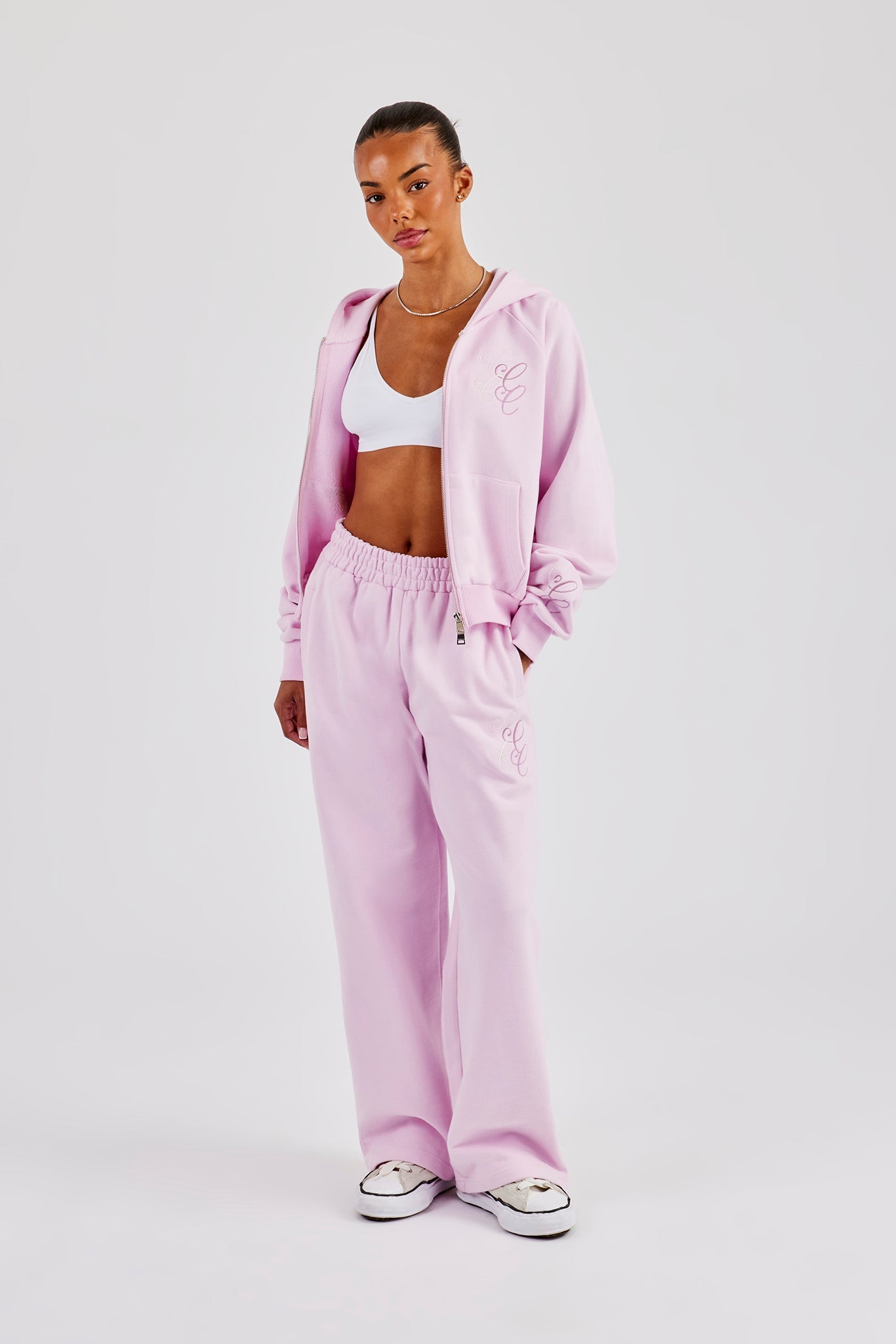 Embroidered Applique Boxy Zip Through Hoodie & Wide Leg Jogger - Pink