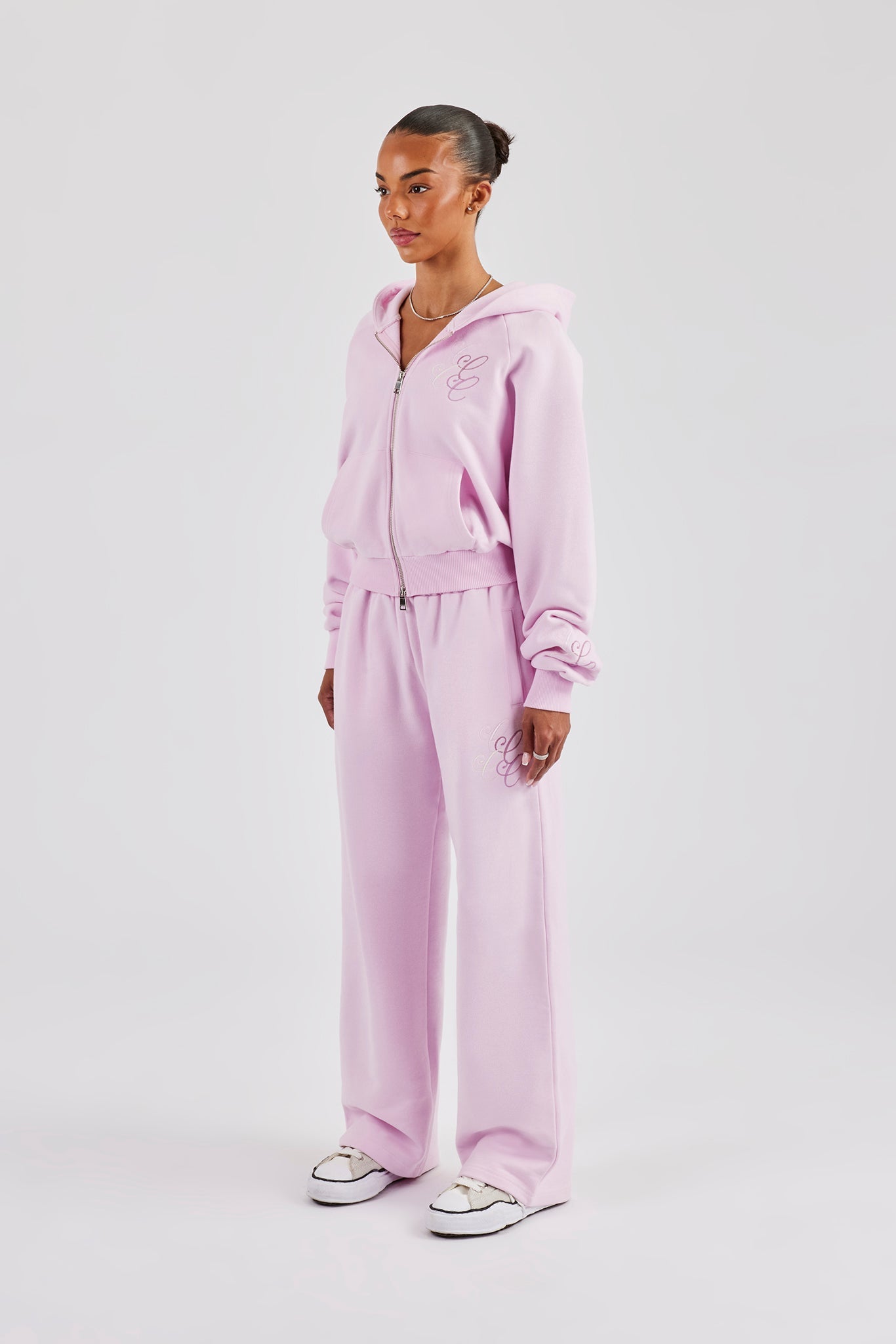 Embroidered Applique Boxy Zip Through Hoodie & Wide Leg Jogger - Pink