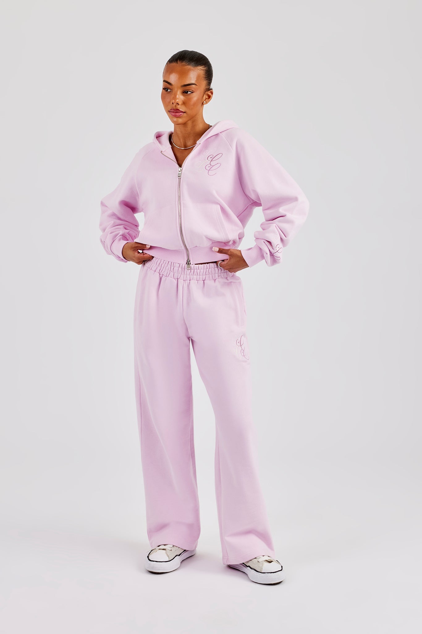 Embroidered Applique Boxy Zip Through Hoodie & Wide Leg Jogger - Pink