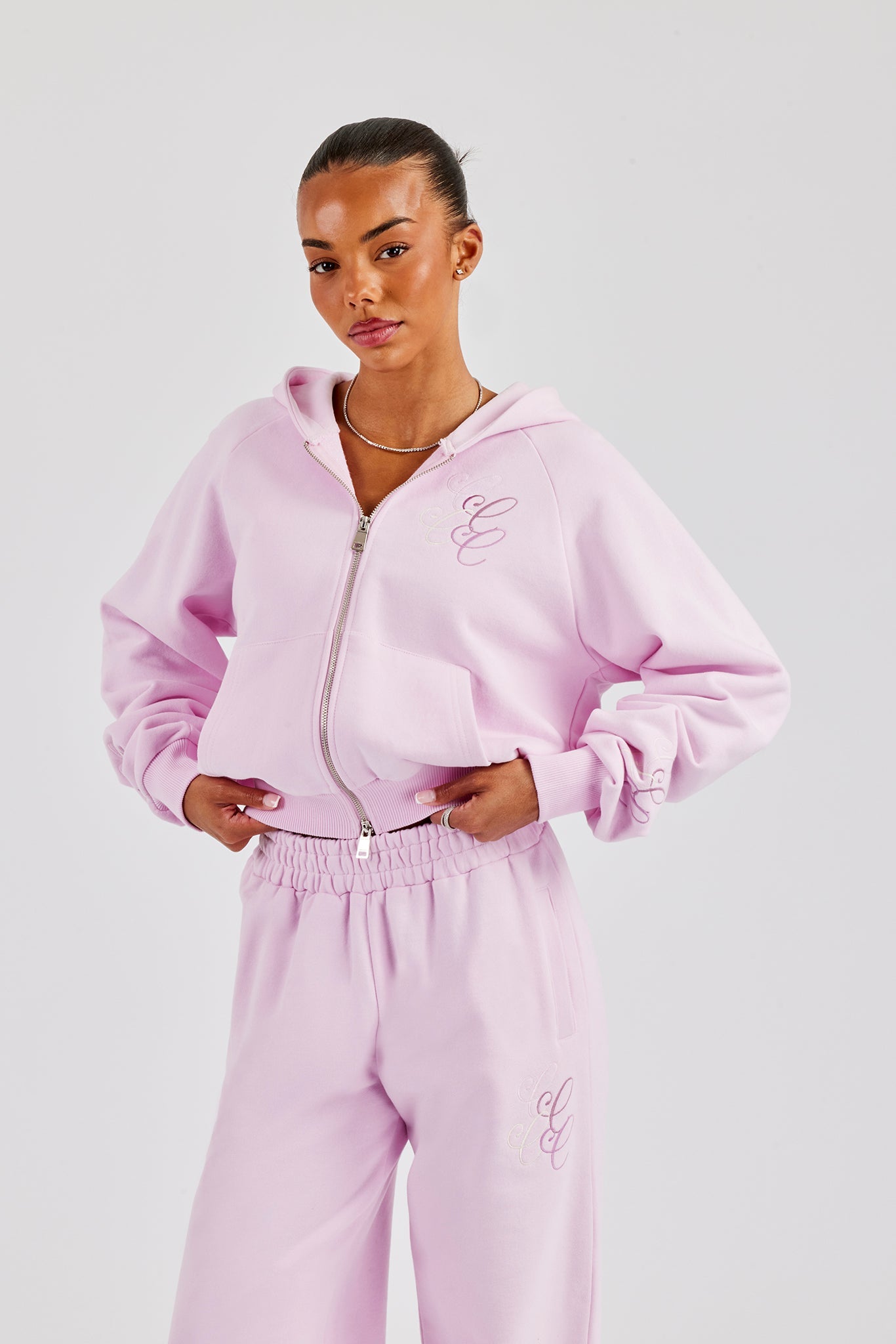 Embroidered Applique Boxy Zip Hoodie - Pink | Womens Hoodies