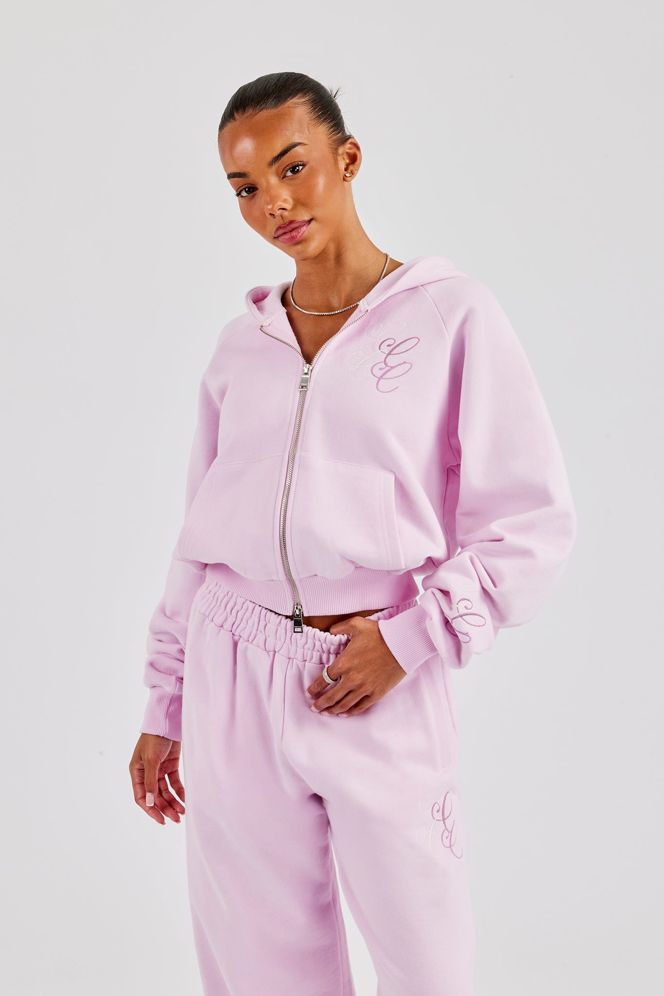 Embroidered Applique Boxy Zip Hoodie - Pink | Womens Hoodies