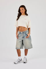 Cropped Contrast Stitch Sticker Back Print T-Shirt - Off White