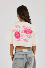 Cropped Contrast Stitch Sticker Back Print T-Shirt - Off White