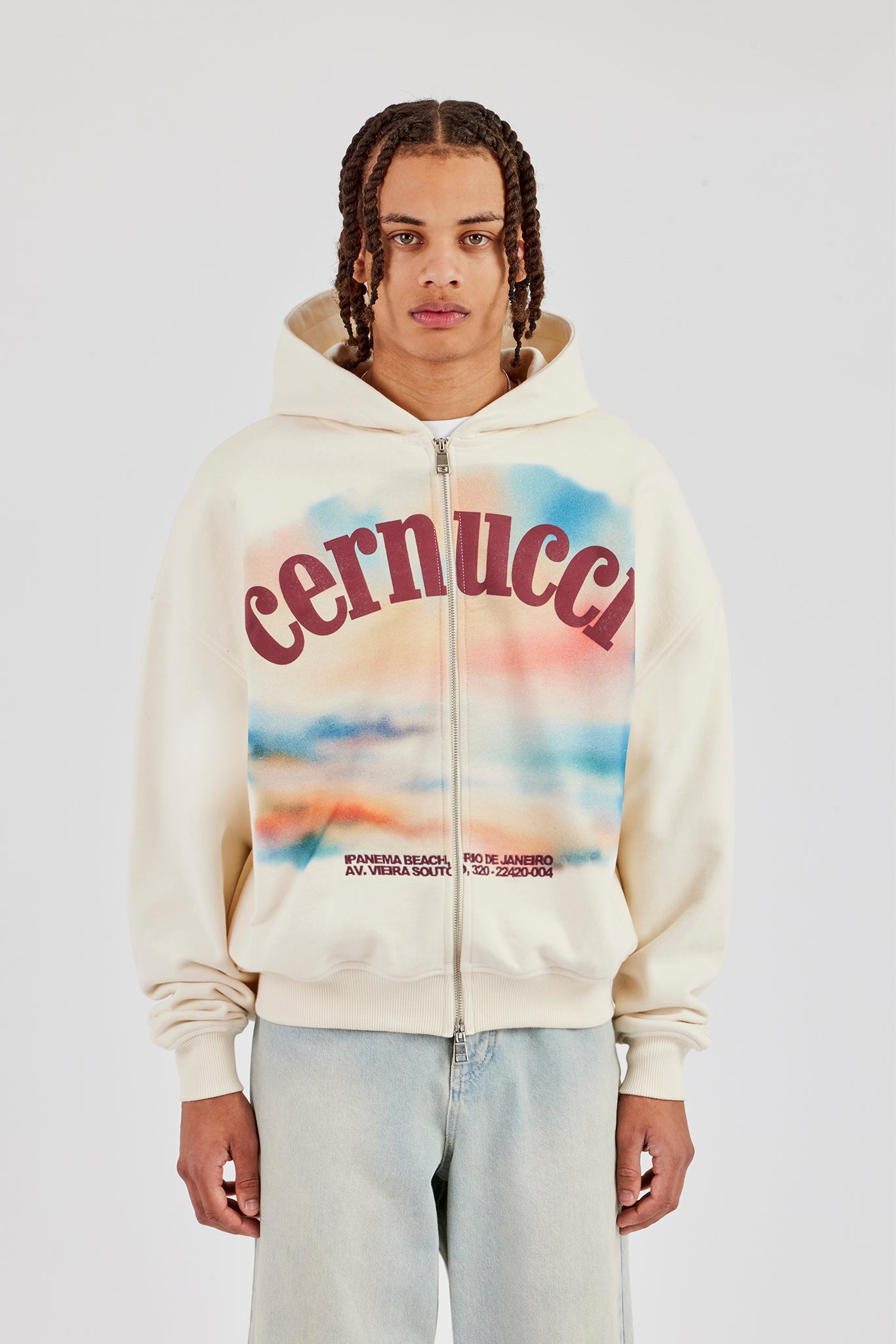 Boxy Zip Through Printed Hoodie - Ecru