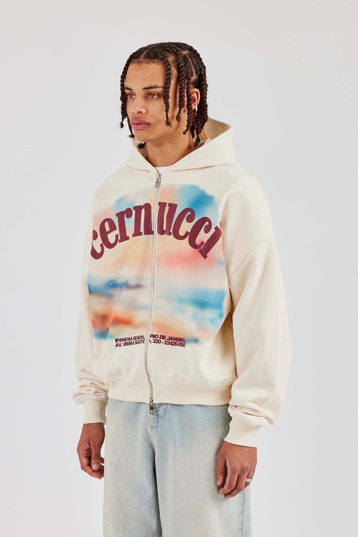 Boxy Zip Through Printed Hoodie - Ecru | Mens Hoodies & Sweats