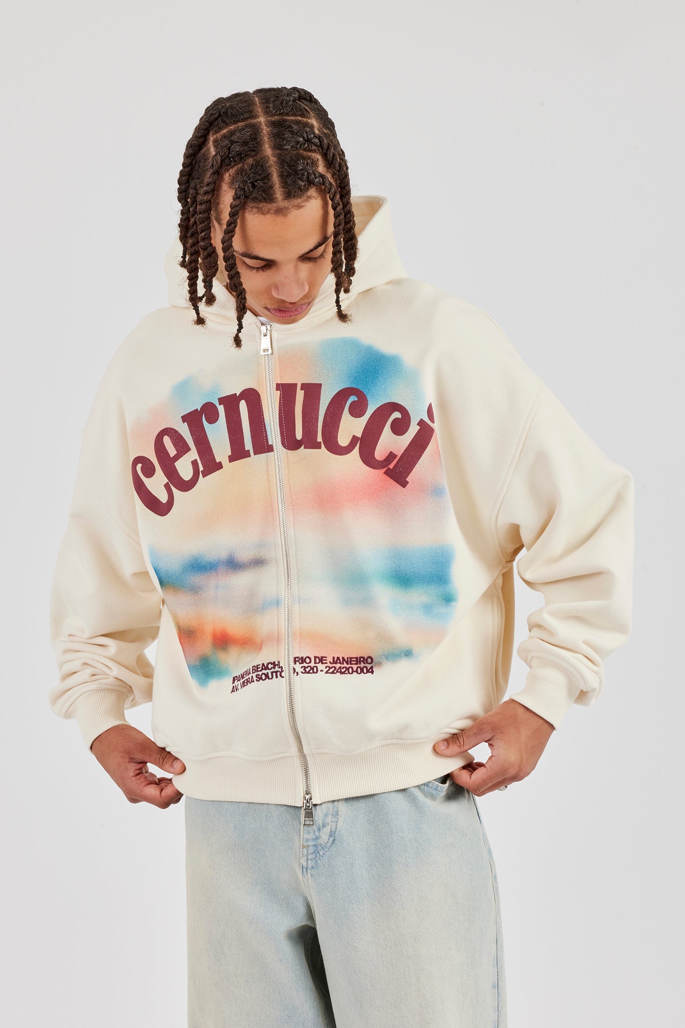 Boxy Zip Through Printed Hoodie - Ecru