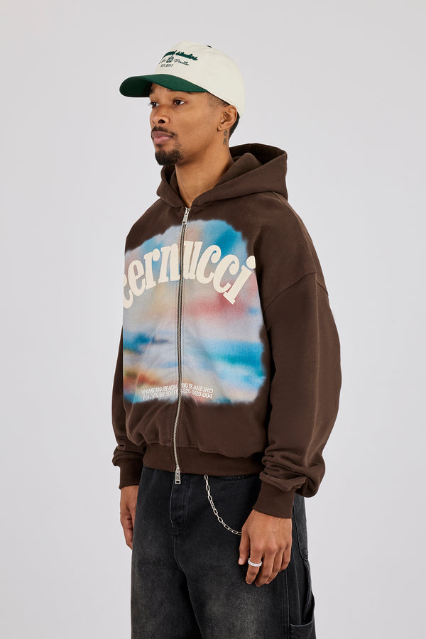 Boxy Zip Through Printed Hoodie - Chocolate