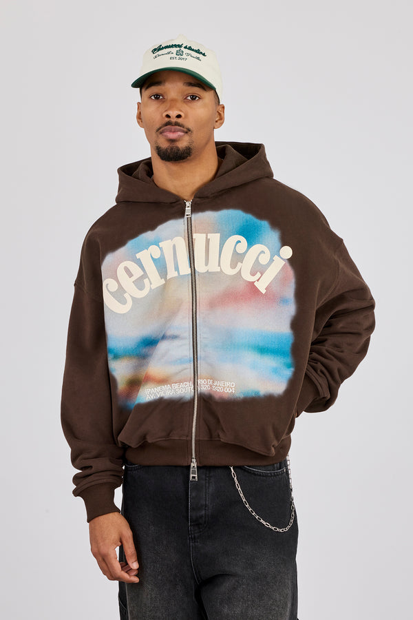 Boxy Zip Through Printed Hoodie - Chocolate