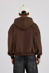 Boxy Zip Through Printed Hoodie - Chocolate