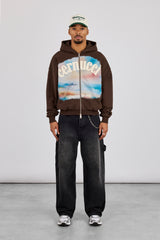 Boxy Zip Through Printed Hoodie - Chocolate