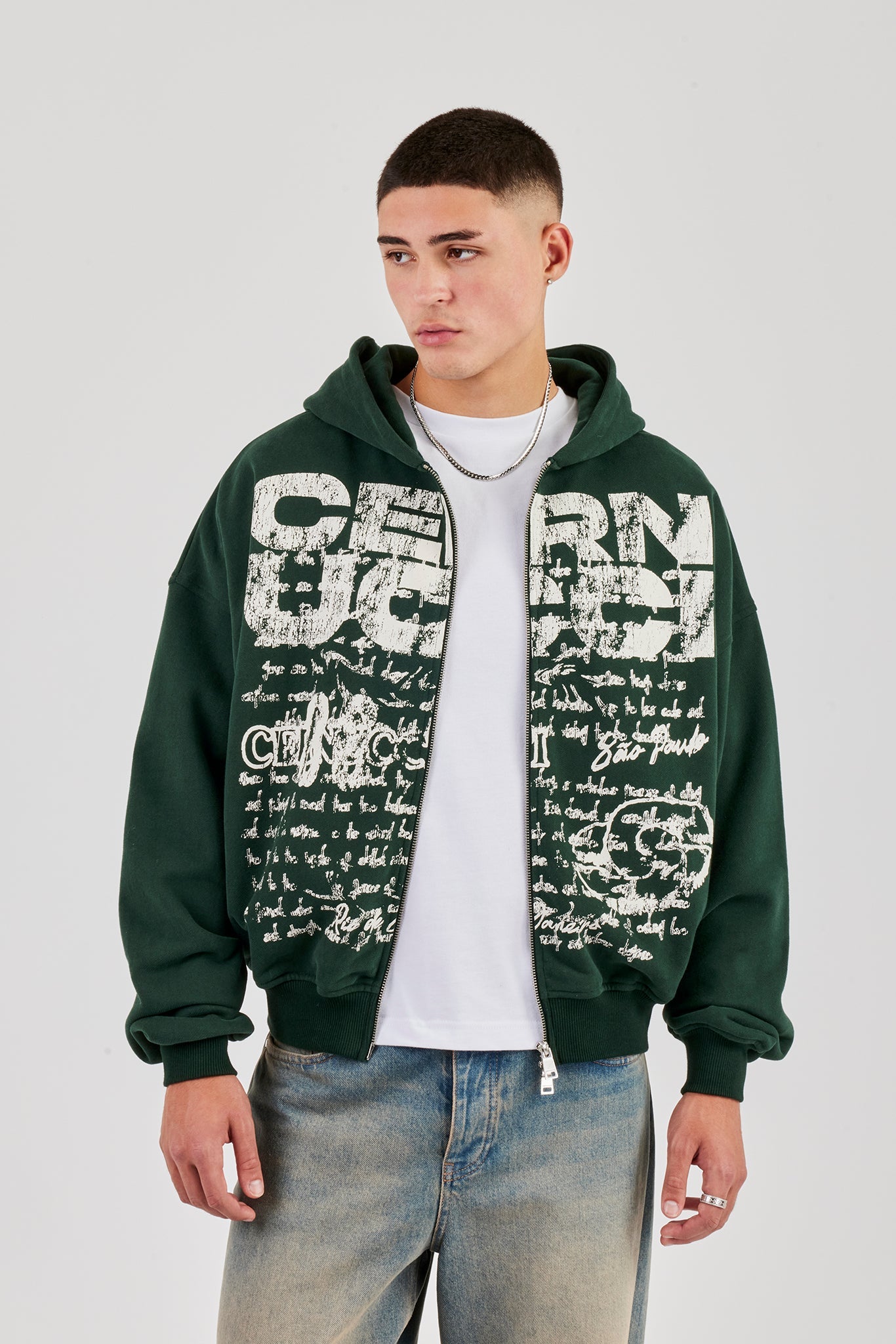 Boxy Zip Through Printed Hoodie - Forest Green