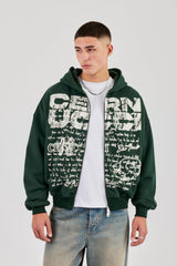 Boxy Zip Through Printed Hoodie - Forest Green