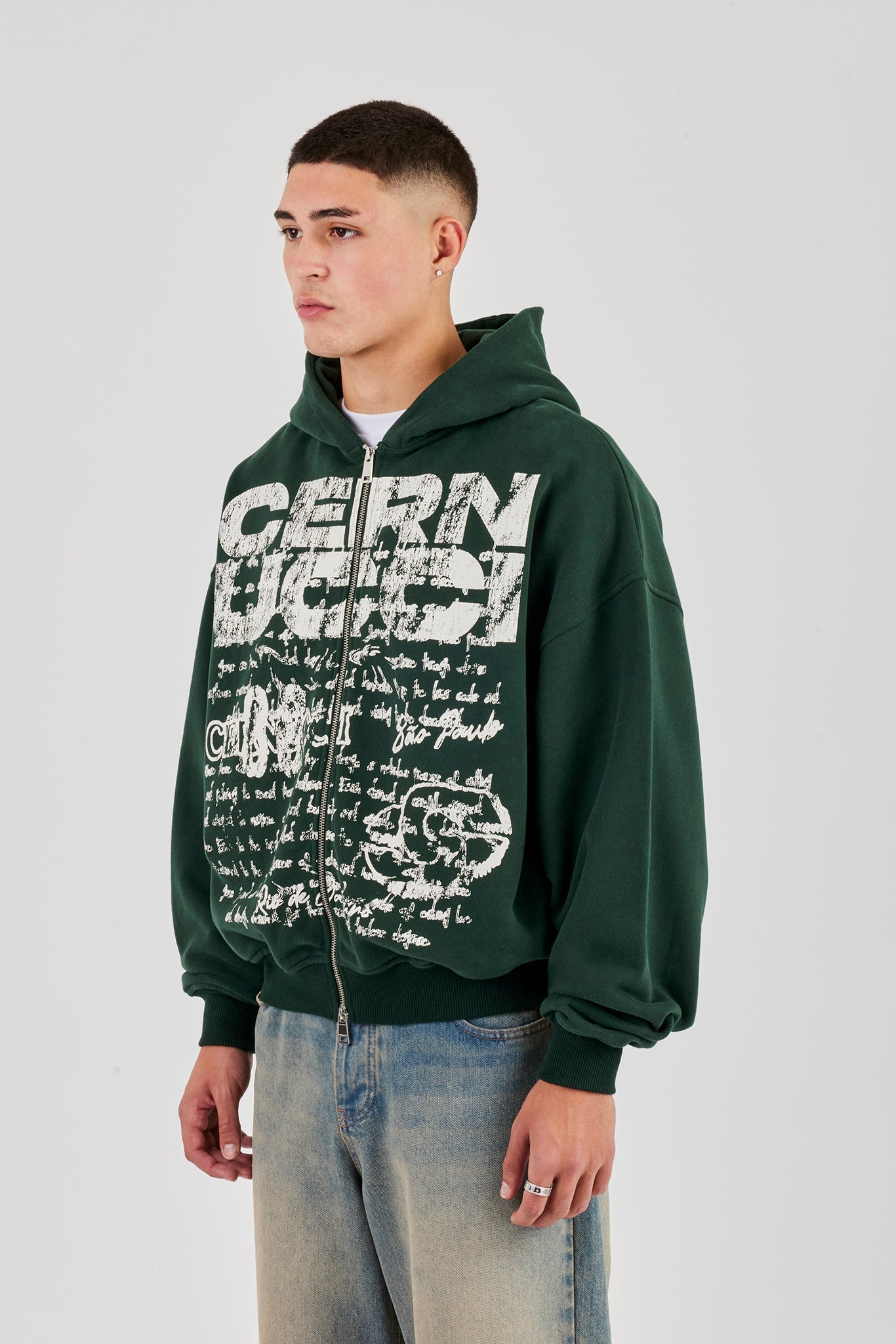 Boxy Zip Through Printed Hoodie - Forest Green
