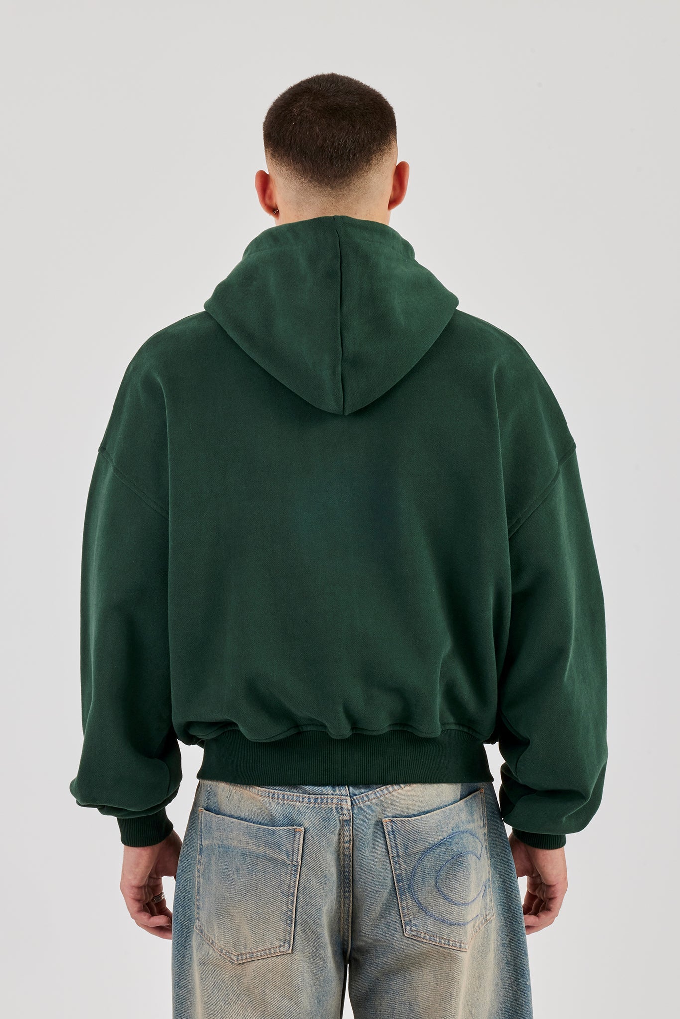 Boxy Zip Through Printed Hoodie - Forest Green