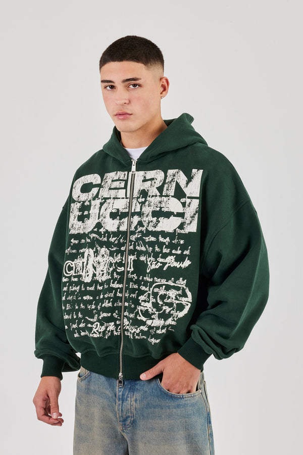 Boxy Zip Through Printed Hoodie - Forest Green