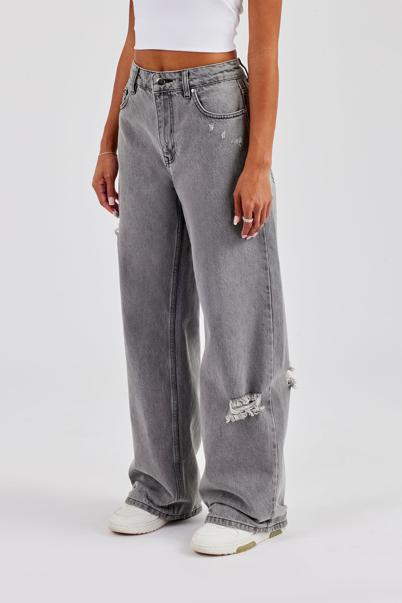 Tie Waist Shadow Pocket Baggy Jean - Washed Grey | Womens Denim