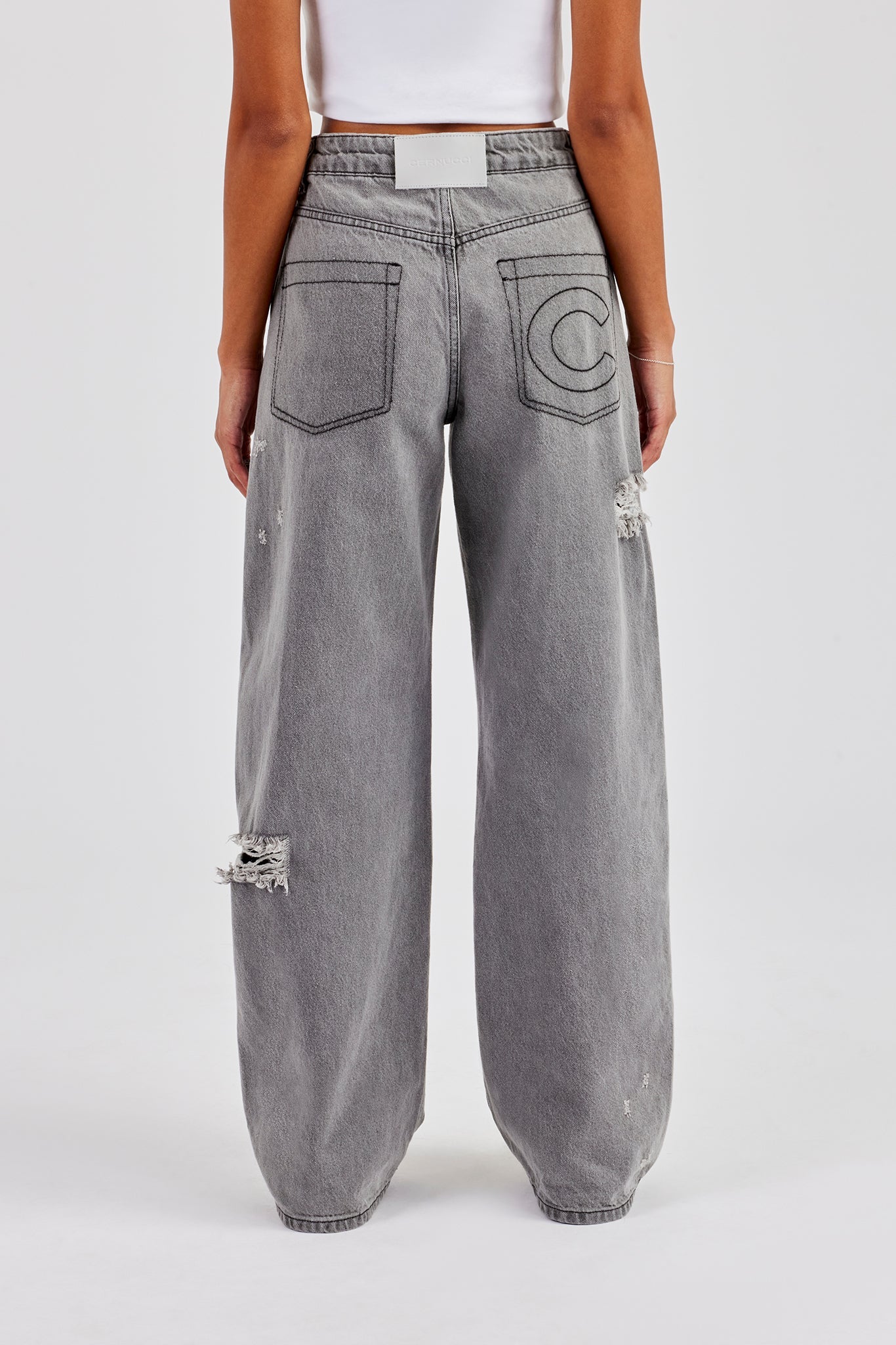 Tie Waist Shadow Pocket Baggy Jean - Washed Grey