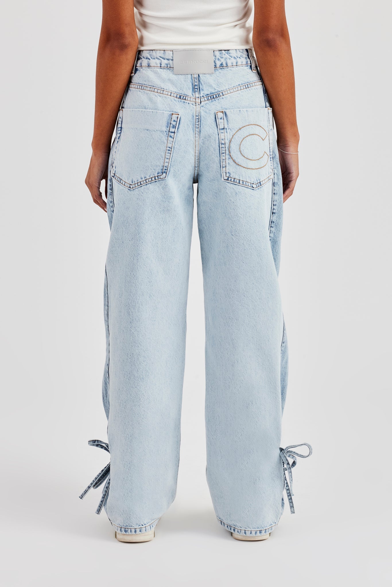Contrast Panel Tie Bottom Baggy Jean - Ice Blue